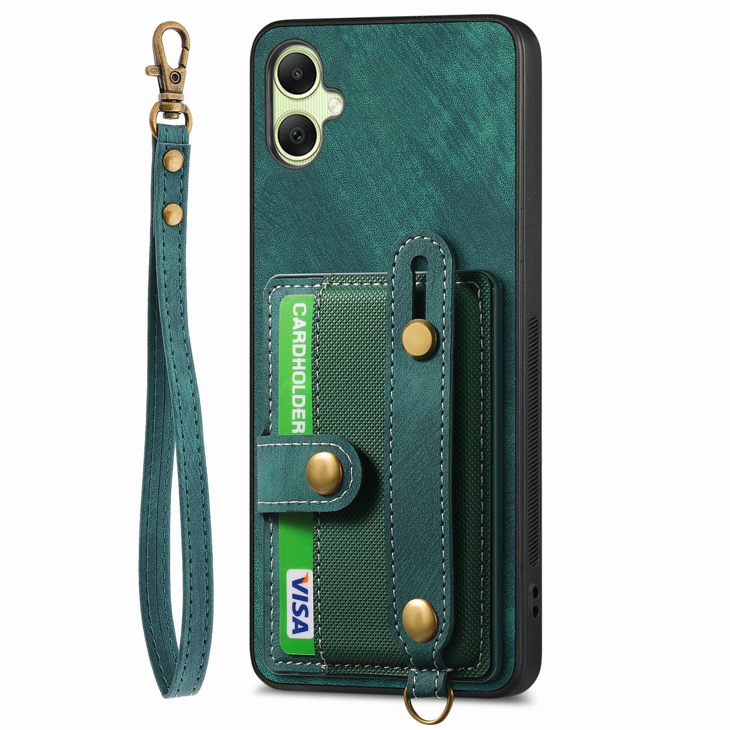 For Samsung Galaxy A06 Case Wristband Kickstand PU Leather Retro Back Cover Card Holder - Green