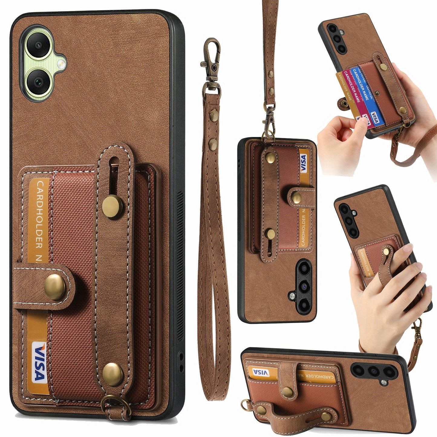 For Samsung Galaxy A06 Case Wristband Kickstand PU Leather Retro Back Cover Card Holder - Brown