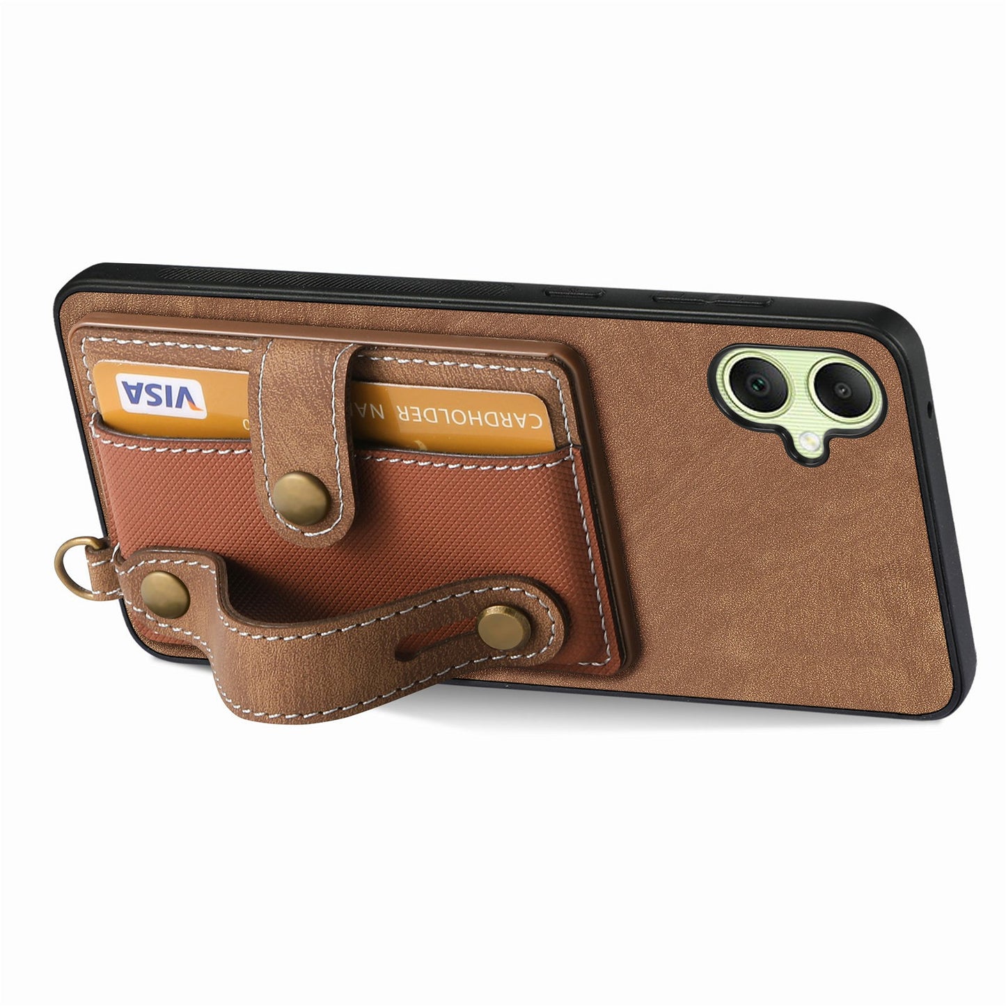 For Samsung Galaxy A06 Case Wristband Kickstand PU Leather Retro Back Cover Card Holder - Brown