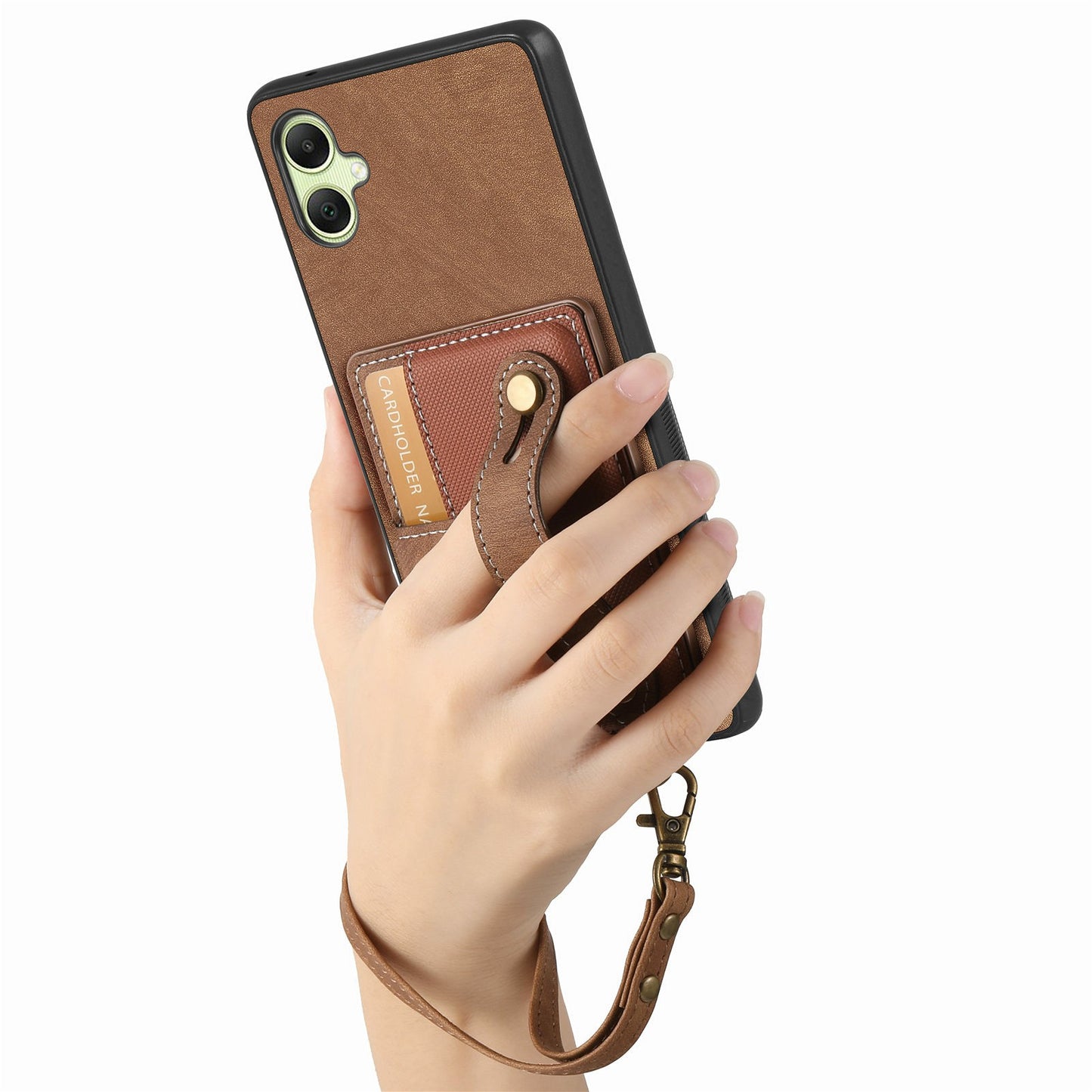 For Samsung Galaxy A06 Case Wristband Kickstand PU Leather Retro Back Cover Card Holder - Brown
