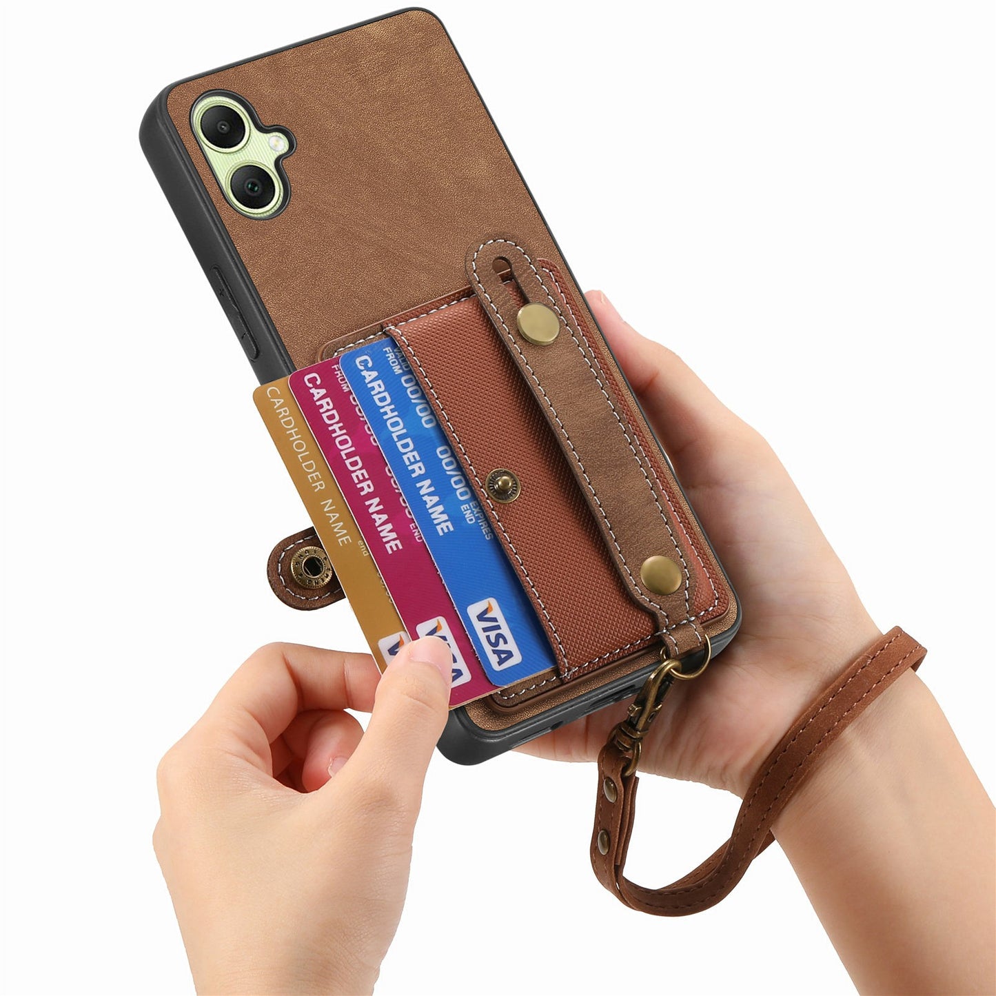For Samsung Galaxy A06 Case Wristband Kickstand PU Leather Retro Back Cover Card Holder - Brown