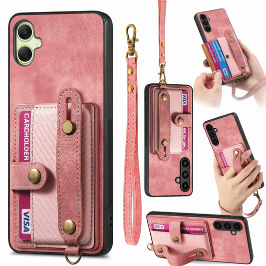 For Samsung Galaxy A06 Case Wristband Kickstand PU Leather Retro Back Cover Card Holder - Pink