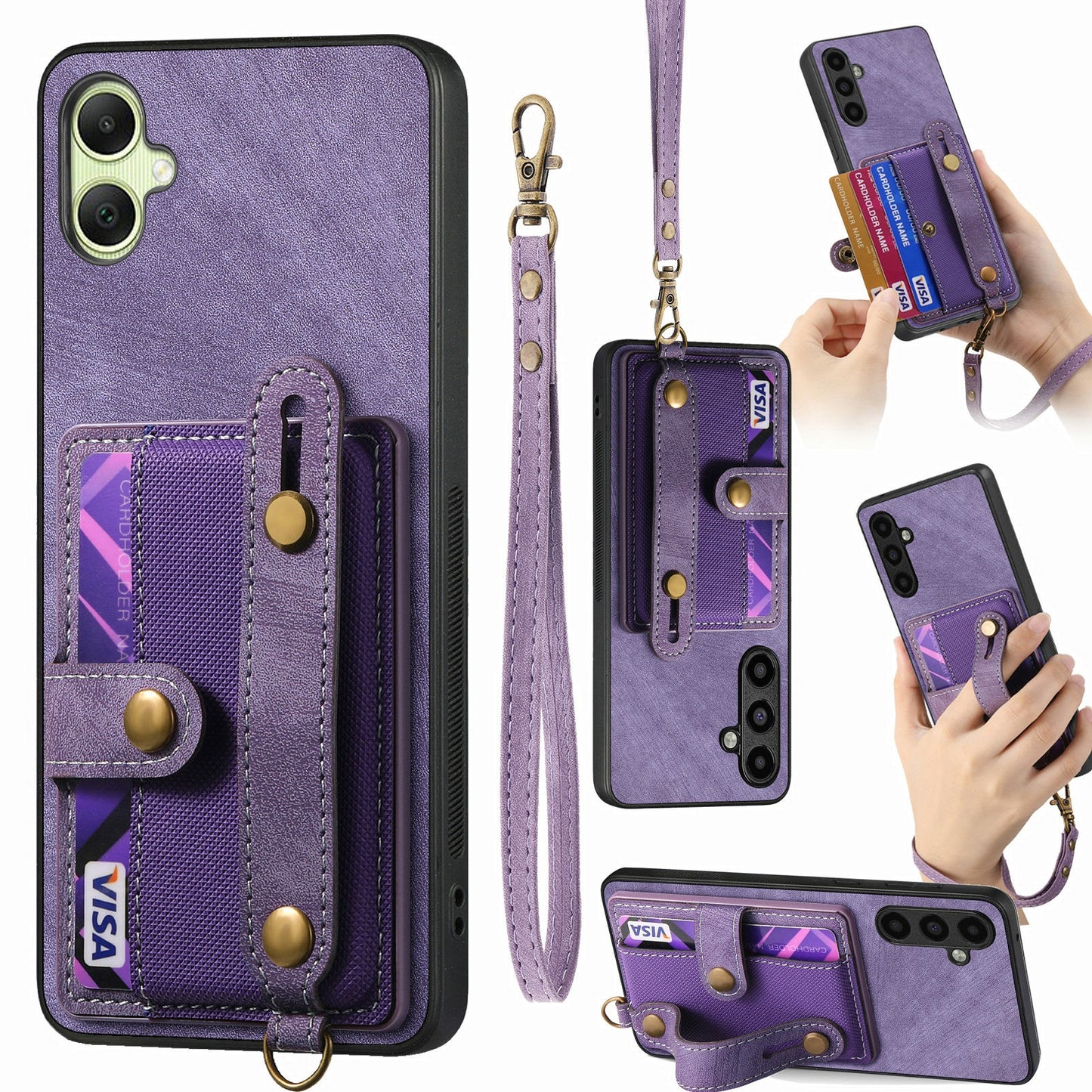 For Samsung Galaxy A06 Case Wristband Kickstand PU Leather Retro Back Cover Card Holder - Purple