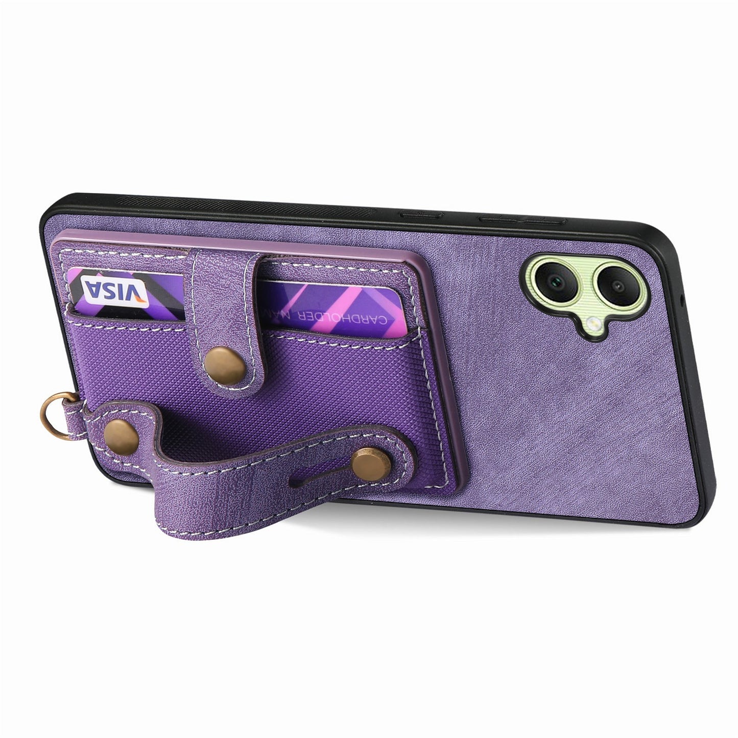 For Samsung Galaxy A06 Case Wristband Kickstand PU Leather Retro Back Cover Card Holder - Purple