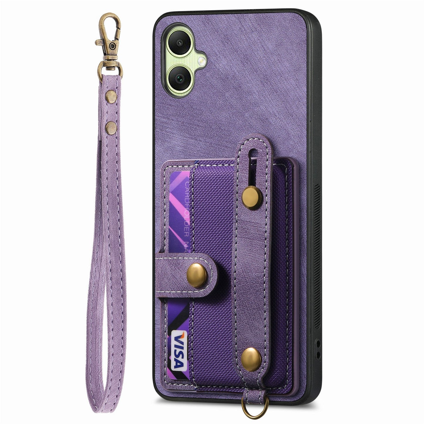 For Samsung Galaxy A06 Case Wristband Kickstand PU Leather Retro Back Cover Card Holder - Purple