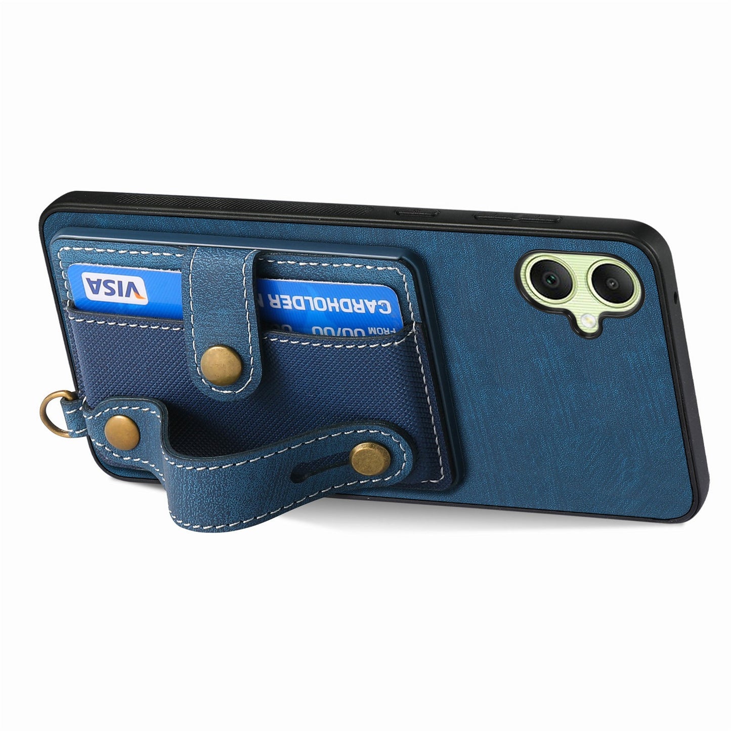 For Samsung Galaxy A06 Case Wristband Kickstand PU Leather Retro Back Cover Card Holder - Blue