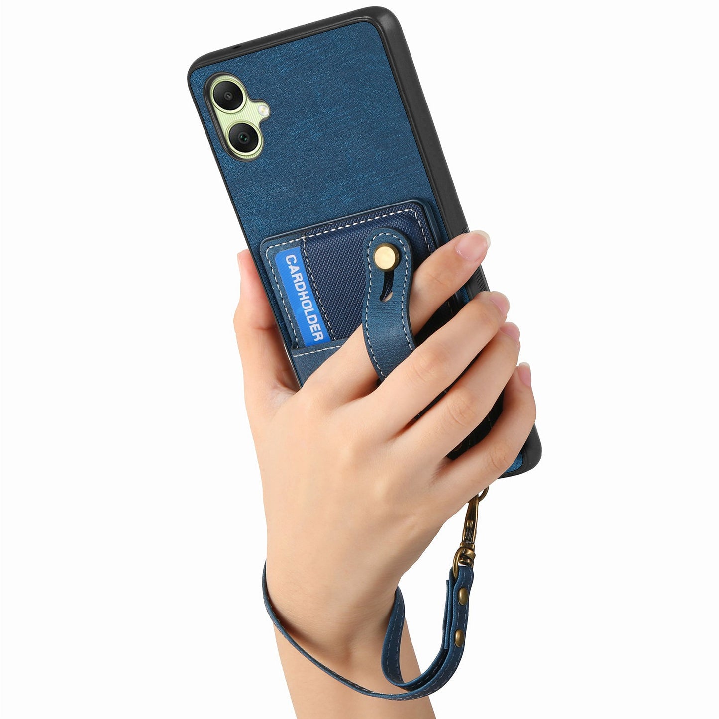 For Samsung Galaxy A06 Case Wristband Kickstand PU Leather Retro Back Cover Card Holder - Blue