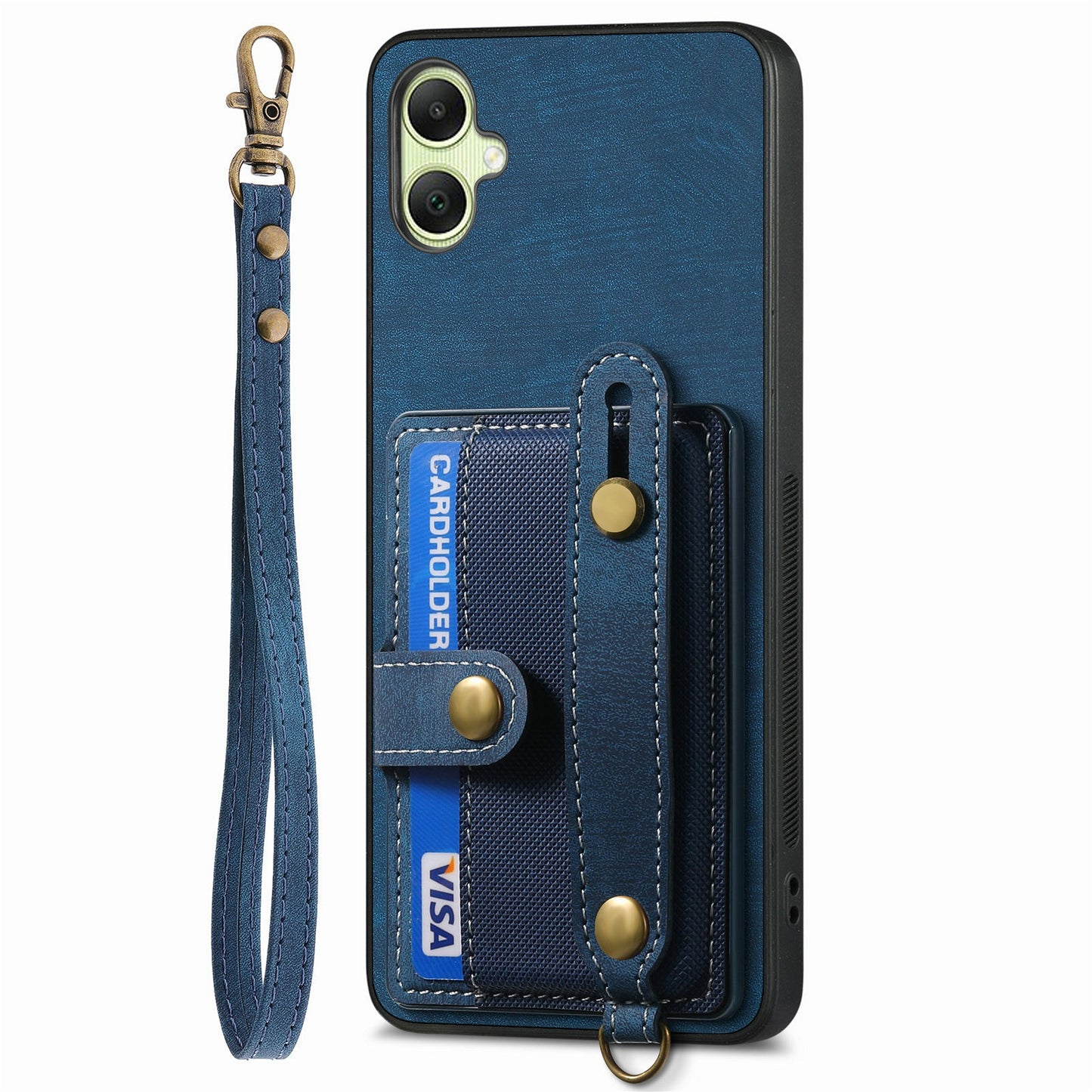For Samsung Galaxy A06 Case Wristband Kickstand PU Leather Retro Back Cover Card Holder - Blue
