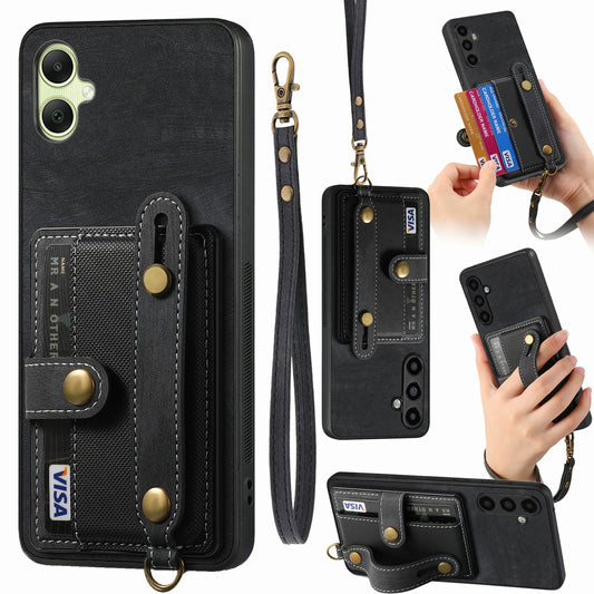 For Samsung Galaxy A06 Case Wristband Kickstand PU Leather Retro Back Cover Card Holder - Black