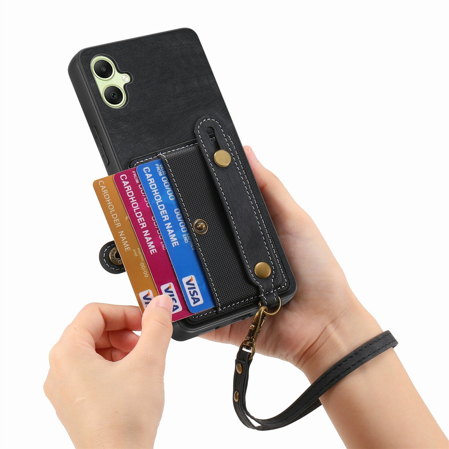 For Samsung Galaxy A06 Case Wristband Kickstand PU Leather Retro Back Cover Card Holder - Black