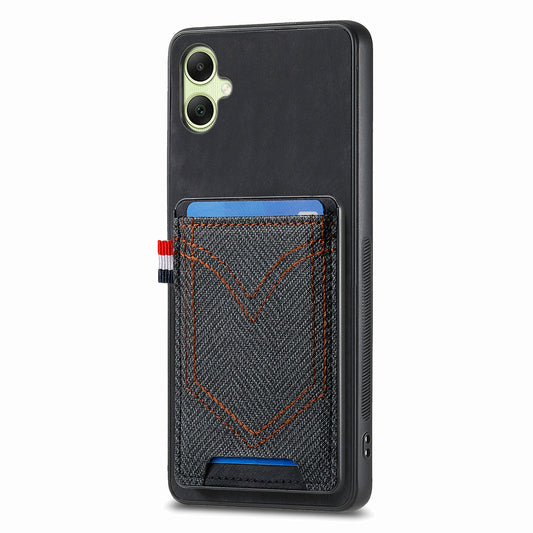 For Samsung Galaxy A06 Phone Case Retro Jean Cloth Texture Leather Back Cover Card Holder - Black