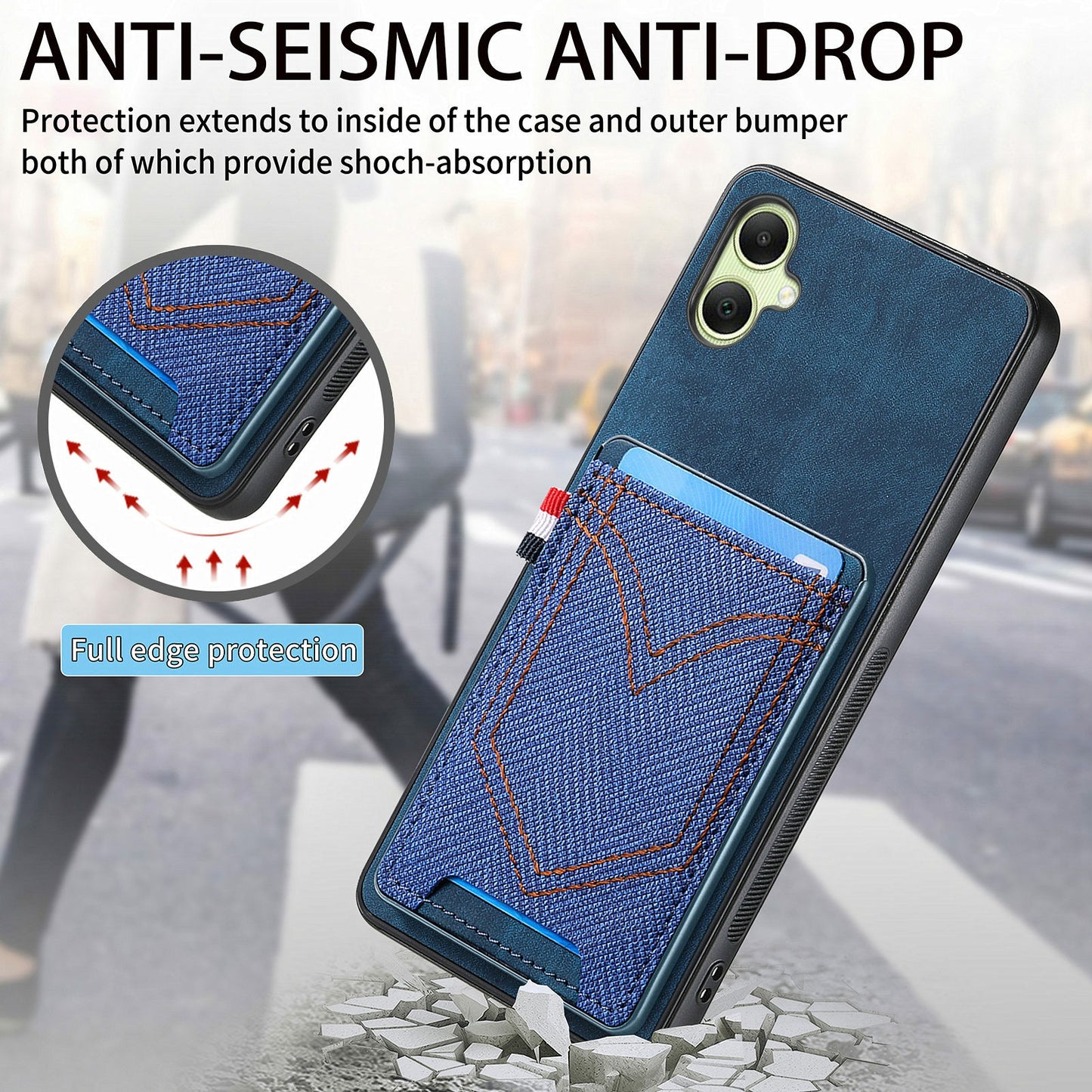 For Samsung Galaxy A06 Phone Case Retro Jean Cloth Texture Leather Back Cover Card Holder - Green