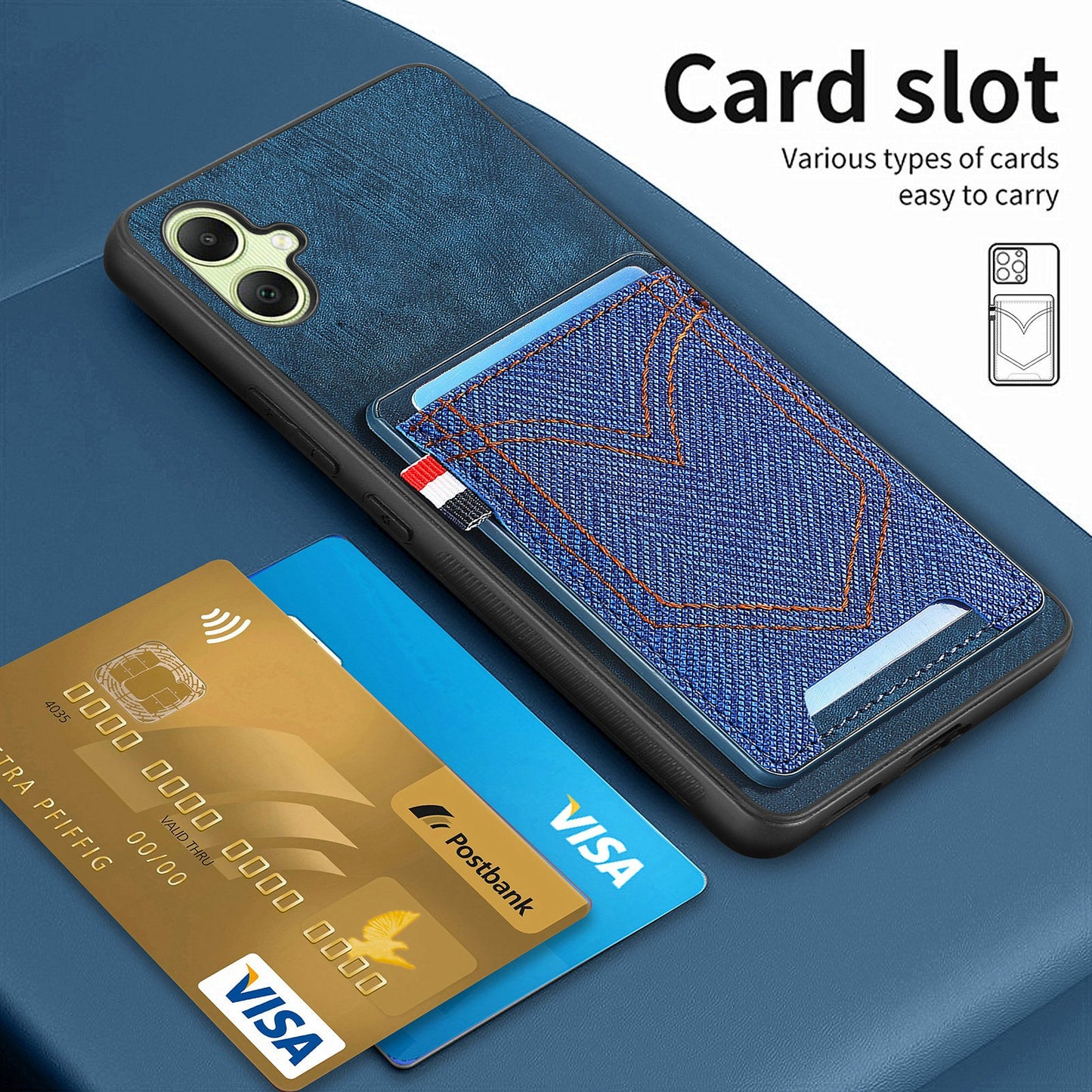 For Samsung Galaxy A06 Phone Case Retro Jean Cloth Texture Leather Back Cover Card Holder - Green