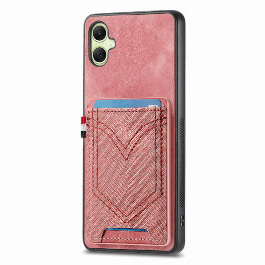 For Samsung Galaxy A06 Phone Case Retro Jean Cloth Texture Leather Back Cover Card Holder - Pink