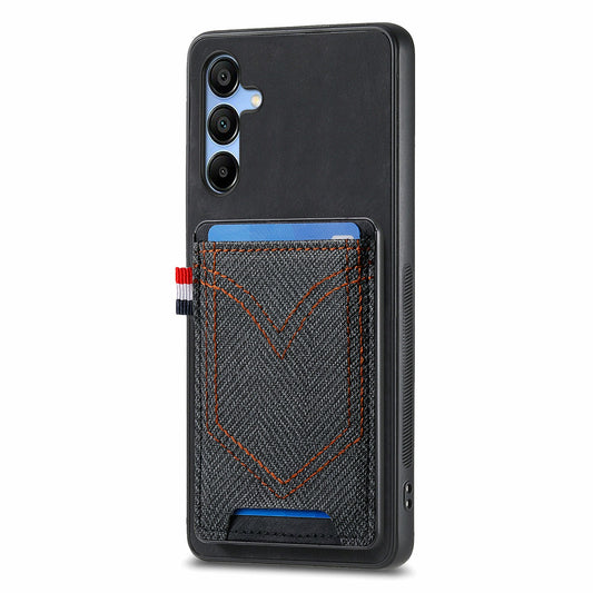 For Samsung Galaxy A16 4G / 5G Phone Case Retro Jean Cloth Texture Leather Back Cover Card Holder - Black