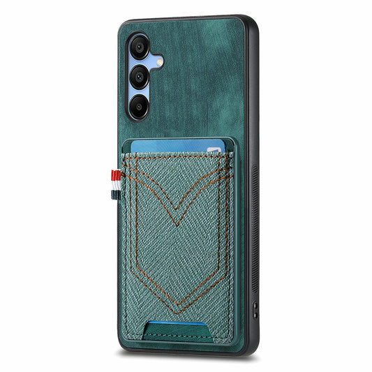 For Samsung Galaxy A16 4G / 5G Phone Case Retro Jean Cloth Texture Leather Back Cover Card Holder - Green