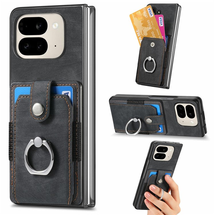 For Google Pixel 9 Pro Fold 5G Case Kickstand Leather+PC Non-Slip Protective Cover Card Slots - Black