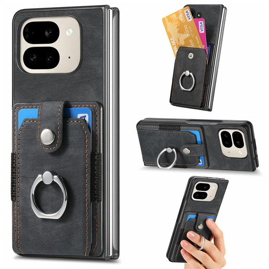 For Google Pixel 9 Pro Fold 5G Case Kickstand Leather+PC Non-Slip Protective Cover Card Slots - Black