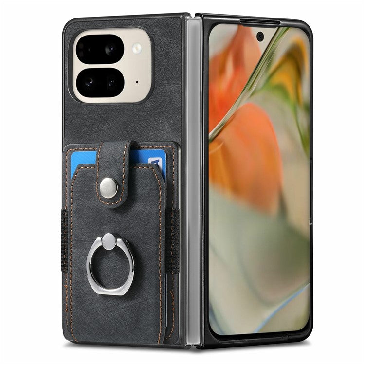 For Google Pixel 9 Pro Fold 5G Case Kickstand Leather+PC Non-Slip Protective Cover Card Slots - Black