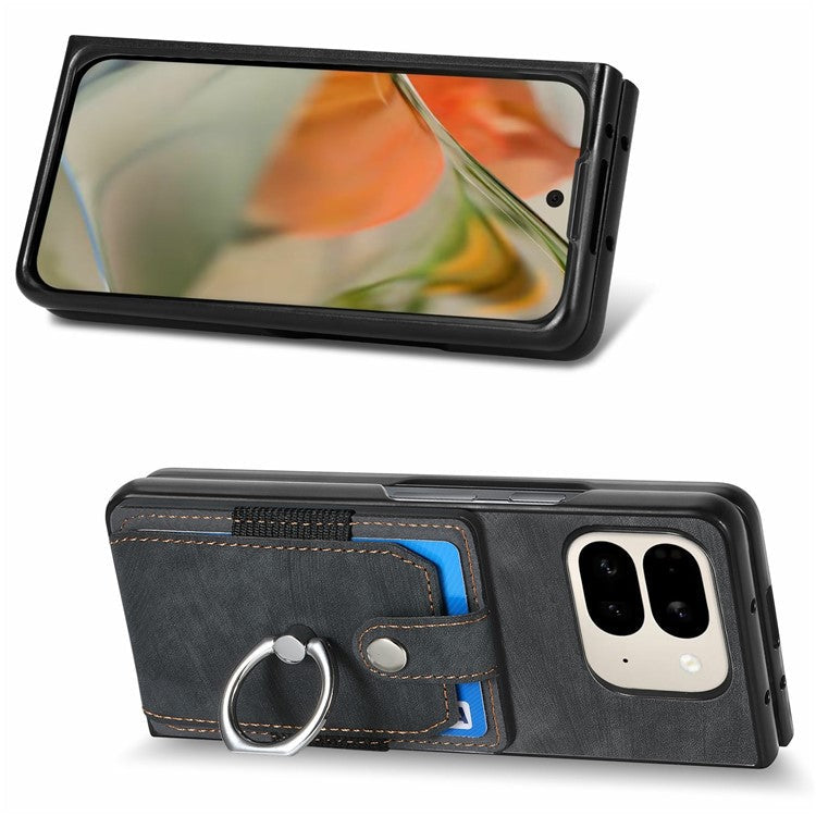 For Google Pixel 9 Pro Fold 5G Case Kickstand Leather+PC Non-Slip Protective Cover Card Slots - Black