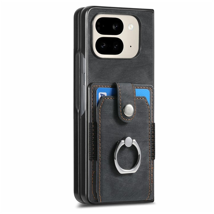 For Google Pixel 9 Pro Fold 5G Case Kickstand Leather+PC Non-Slip Protective Cover Card Slots - Black