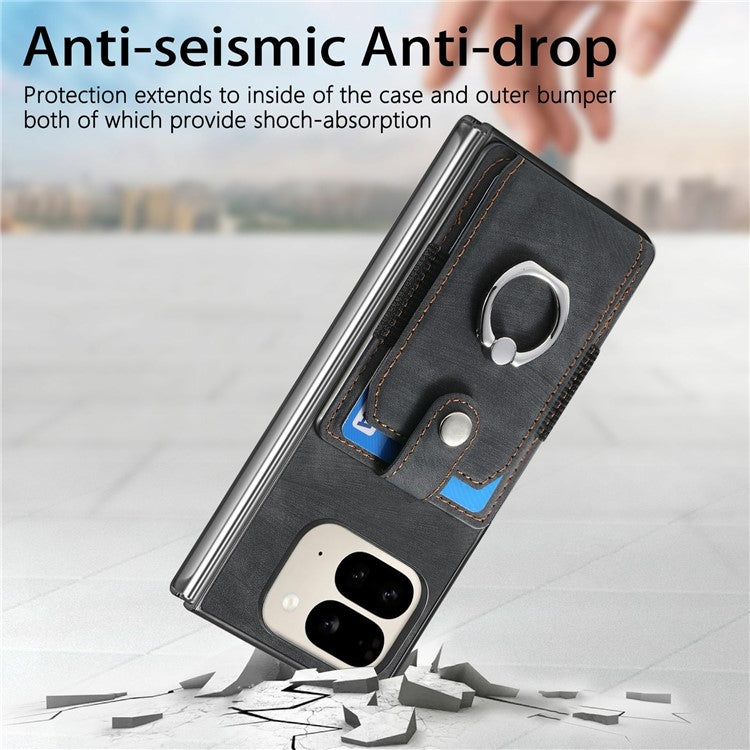 For Google Pixel 9 Pro Fold 5G Case Kickstand Leather+PC Non-Slip Protective Cover Card Slots - Black