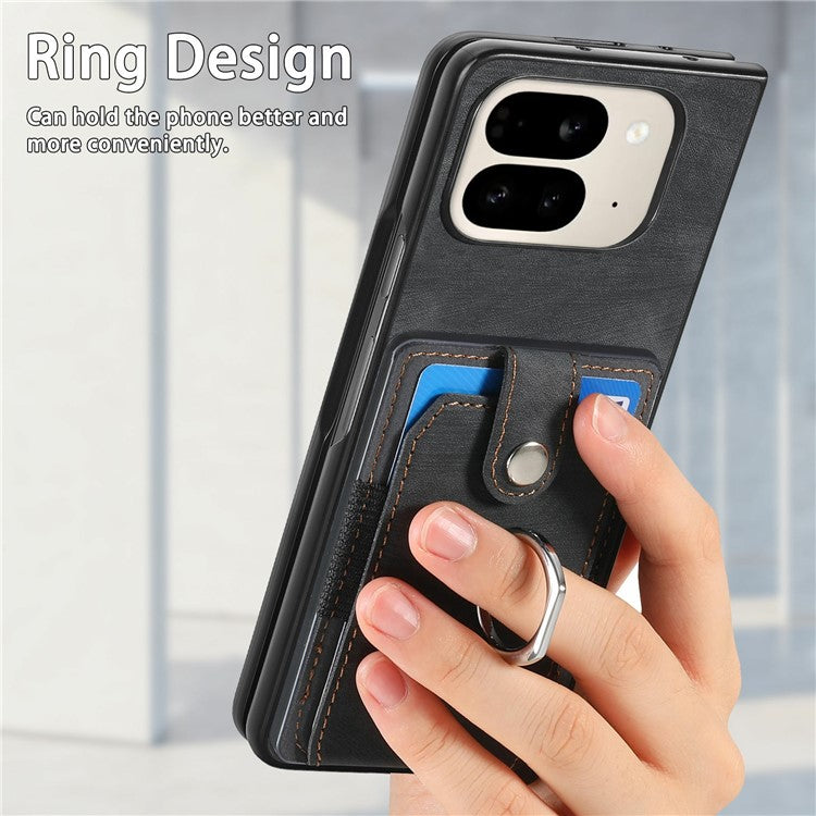 For Google Pixel 9 Pro Fold 5G Case Kickstand Leather+PC Non-Slip Protective Cover Card Slots - Black