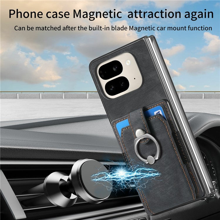 For Google Pixel 9 Pro Fold 5G Case Kickstand Leather+PC Non-Slip Protective Cover Card Slots - Black