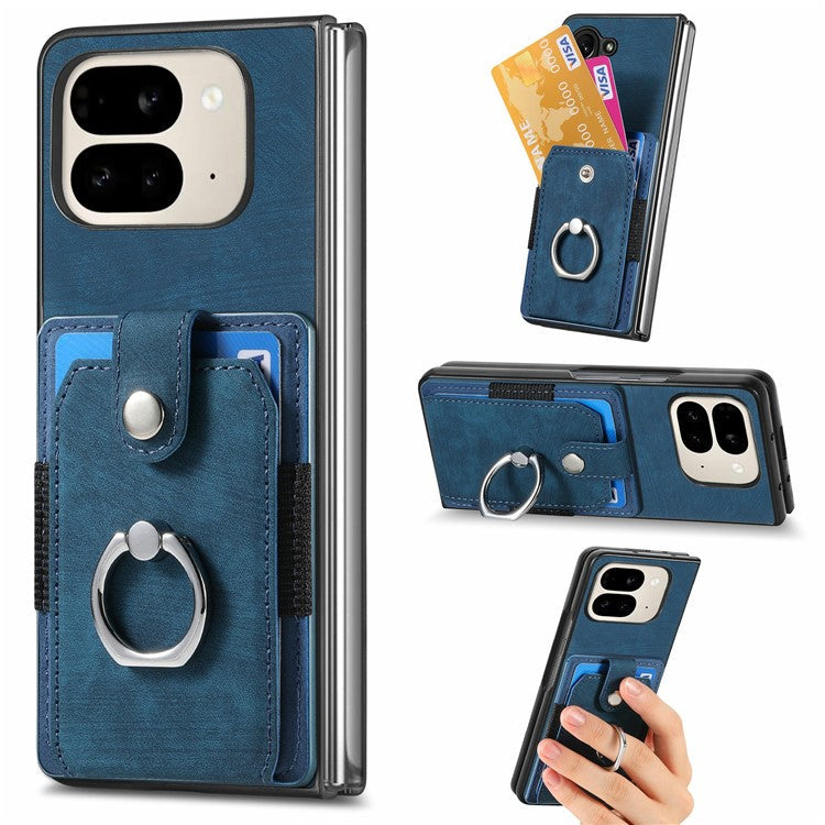 For Google Pixel 9 Pro Fold 5G Case Kickstand Leather+PC Non-Slip Protective Cover Card Slots - Blue