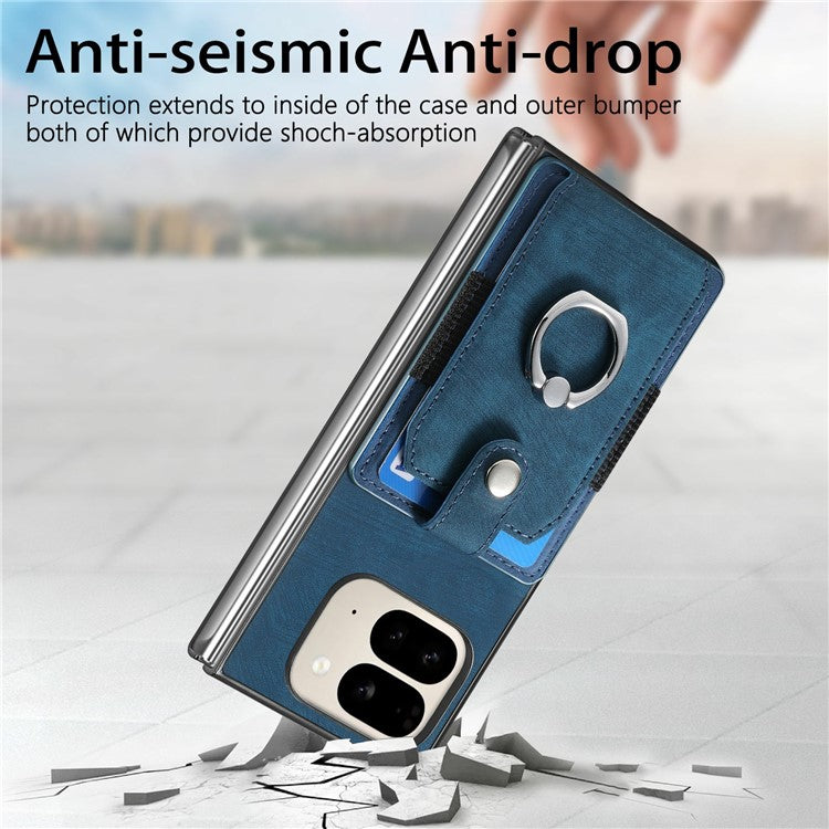 For Google Pixel 9 Pro Fold 5G Case Kickstand Leather+PC Non-Slip Protective Cover Card Slots - Blue