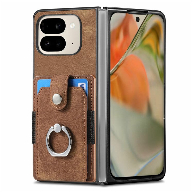For Google Pixel 9 Pro Fold 5G Case Kickstand Leather+PC Non-Slip Protective Cover Card Slots - Brown