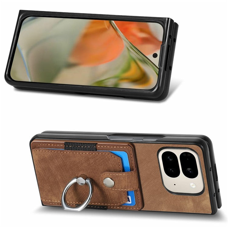 For Google Pixel 9 Pro Fold 5G Case Kickstand Leather+PC Non-Slip Protective Cover Card Slots - Brown