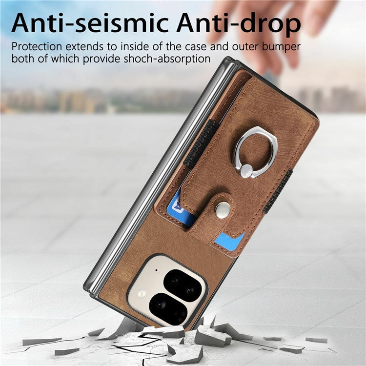 For Google Pixel 9 Pro Fold 5G Case Kickstand Leather+PC Non-Slip Protective Cover Card Slots - Brown