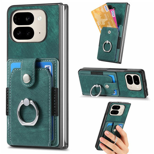 For Google Pixel 9 Pro Fold 5G Case Kickstand Leather+PC Non-Slip Protective Cover Card Slots - Green