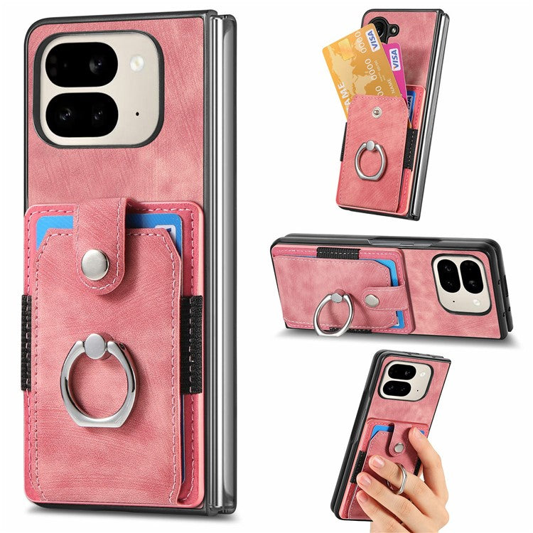 For Google Pixel 9 Pro Fold 5G Case Kickstand Leather+PC Non-Slip Protective Cover Card Slots - Pink