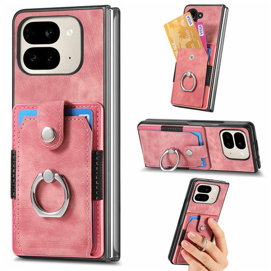 For Google Pixel 9 Pro Fold 5G Case Kickstand Leather+PC Non-Slip Protective Cover Card Slots - Pink