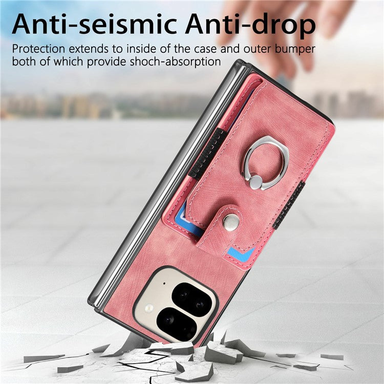 For Google Pixel 9 Pro Fold 5G Case Kickstand Leather+PC Non-Slip Protective Cover Card Slots - Pink