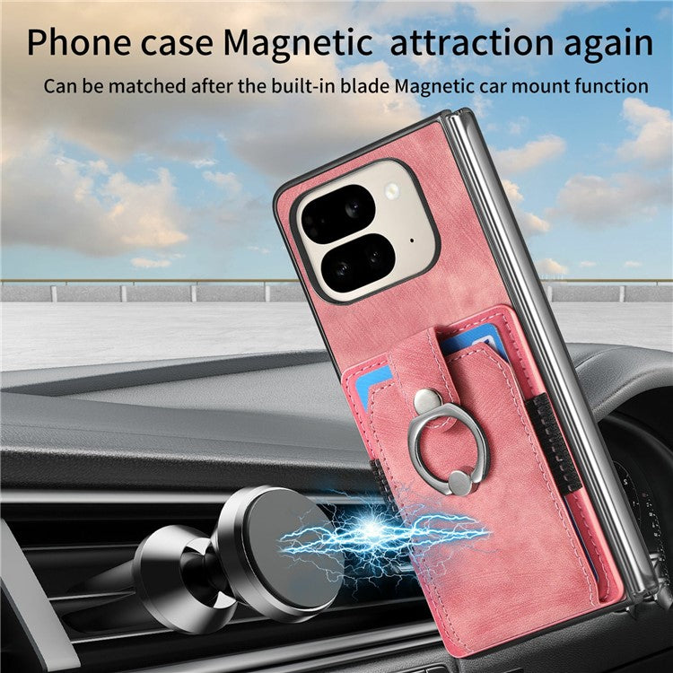 For Google Pixel 9 Pro Fold 5G Case Kickstand Leather+PC Non-Slip Protective Cover Card Slots - Pink