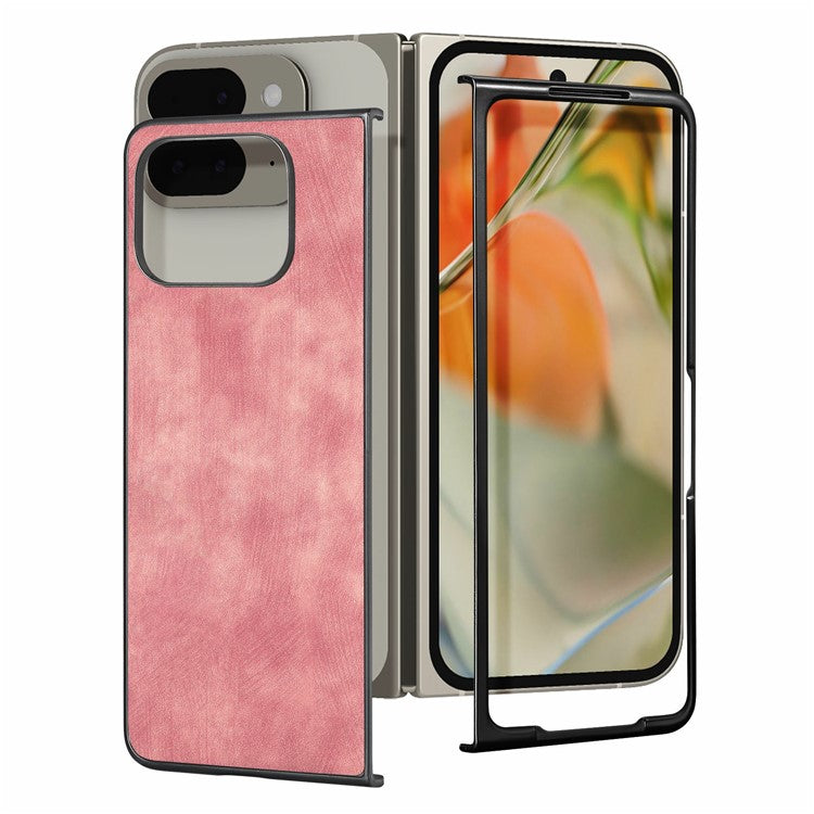 For Google Pixel 9 Pro Fold 5G Case Retro PU Leather Coated PC Folding Phone Cover - Pink