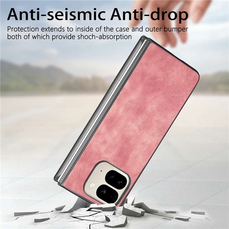 For Google Pixel 9 Pro Fold 5G Case Retro PU Leather Coated PC Folding Phone Cover - Pink