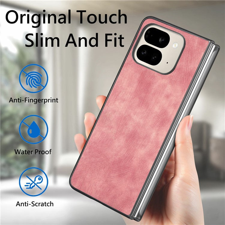For Google Pixel 9 Pro Fold 5G Case Retro PU Leather Coated PC Folding Phone Cover - Pink