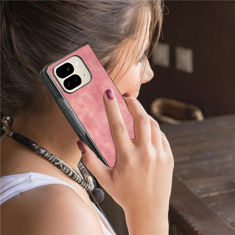 For Google Pixel 9 Pro Fold 5G Case Retro PU Leather Coated PC Folding Phone Cover - Pink