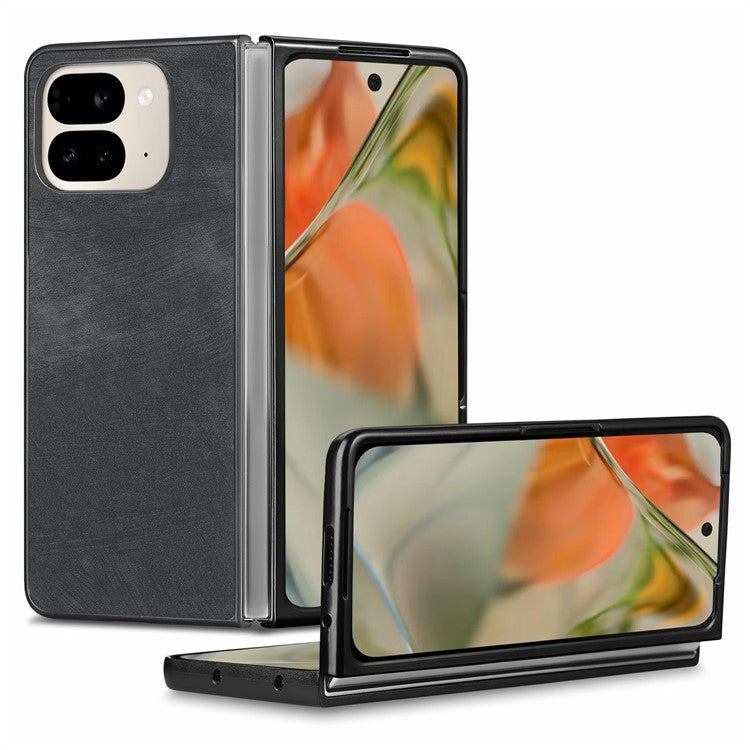 For Google Pixel 9 Pro Fold 5G Case Retro PU Leather Coated PC Folding Phone Cover - Black