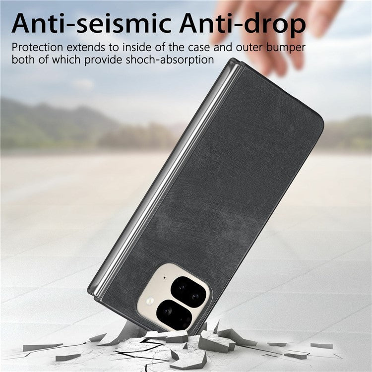 For Google Pixel 9 Pro Fold 5G Case Retro PU Leather Coated PC Folding Phone Cover - Black