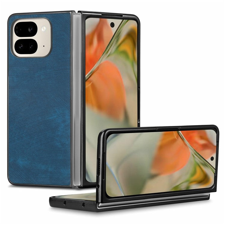 For Google Pixel 9 Pro Fold 5G Case Retro PU Leather Coated PC Folding Phone Cover - Blue