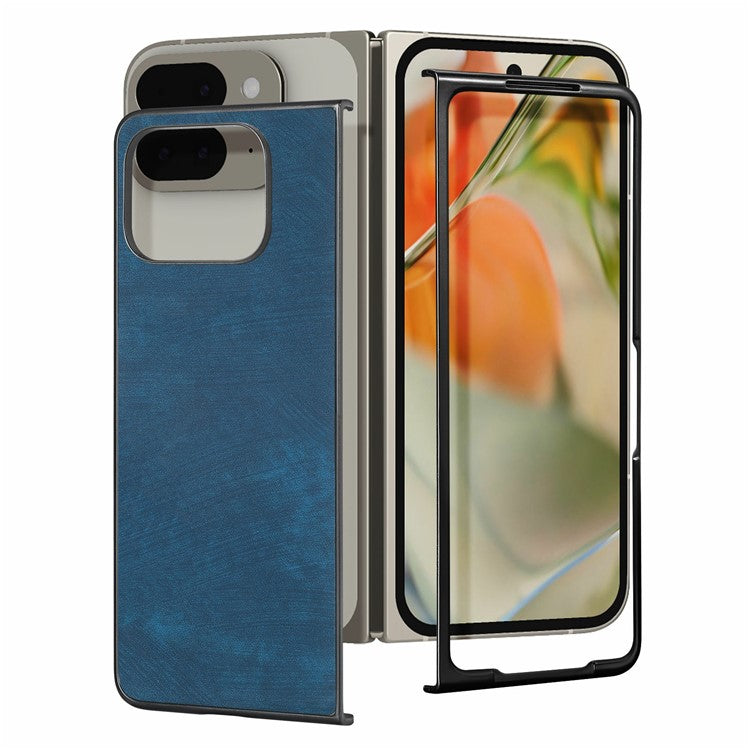 For Google Pixel 9 Pro Fold 5G Case Retro PU Leather Coated PC Folding Phone Cover - Blue