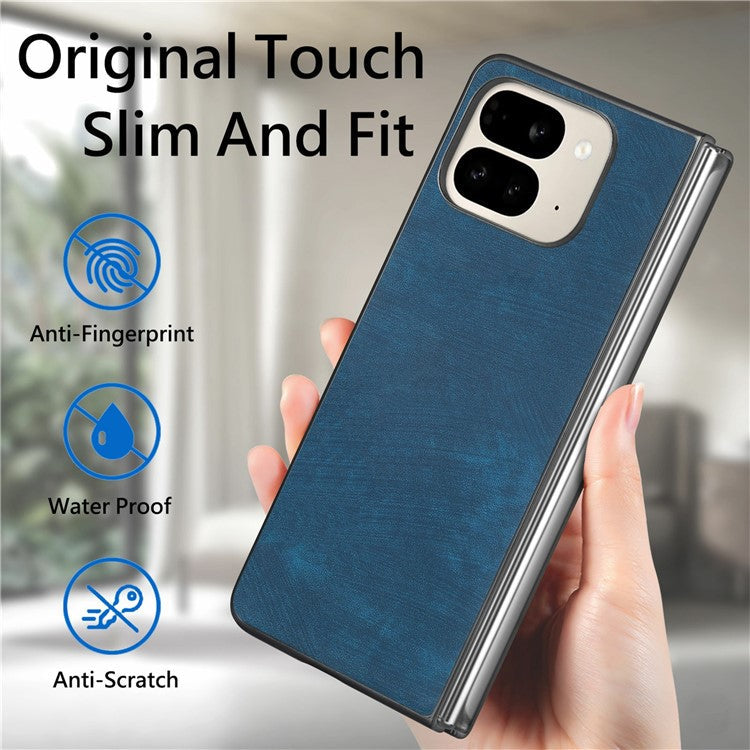 For Google Pixel 9 Pro Fold 5G Case Retro PU Leather Coated PC Folding Phone Cover - Blue