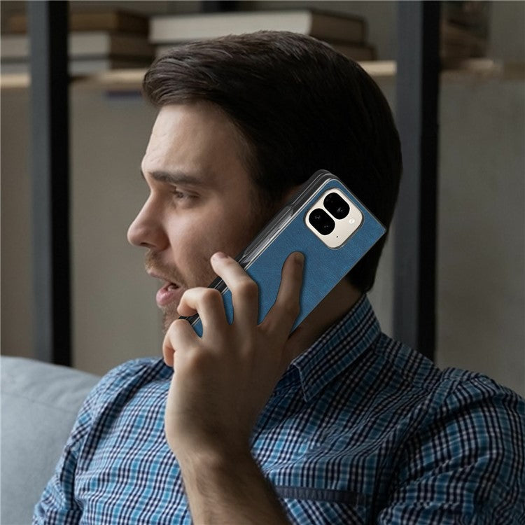 For Google Pixel 9 Pro Fold 5G Case Retro PU Leather Coated PC Folding Phone Cover - Blue