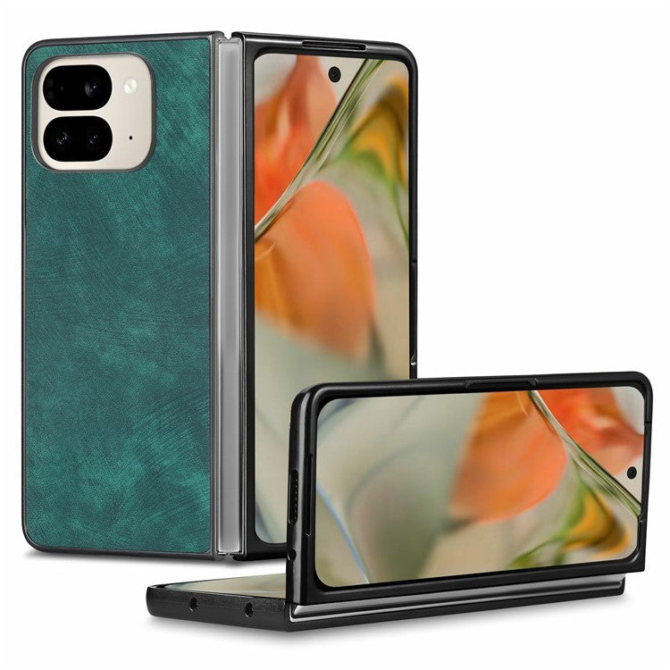 For Google Pixel 9 Pro Fold 5G Case Retro PU Leather Coated PC Folding Phone Cover - Green