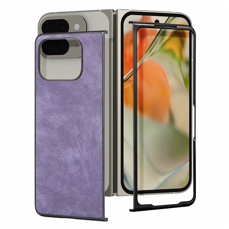 For Google Pixel 9 Pro Fold 5G Case Retro PU Leather Coated PC Folding Phone Cover - Purple